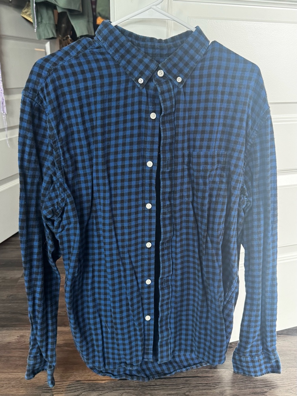 Old Navy Blue and Black Plaid Button-Down Shirt